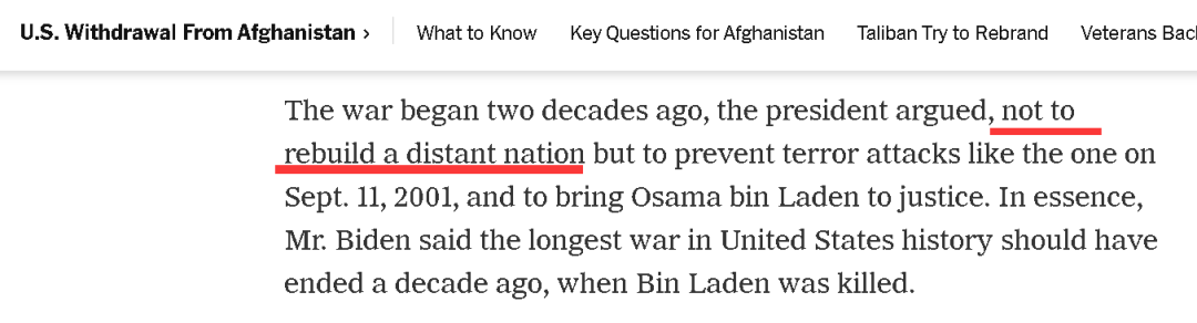 图为《纽约时报》对于拜登讲话的报道，其中提到拜登说美国去阿富汗不是为了重建那里