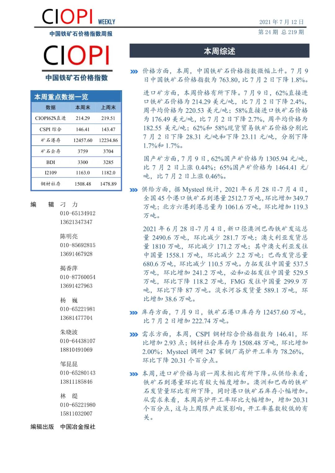 中国铁矿石价格指数周报（7月5日-7月9日）