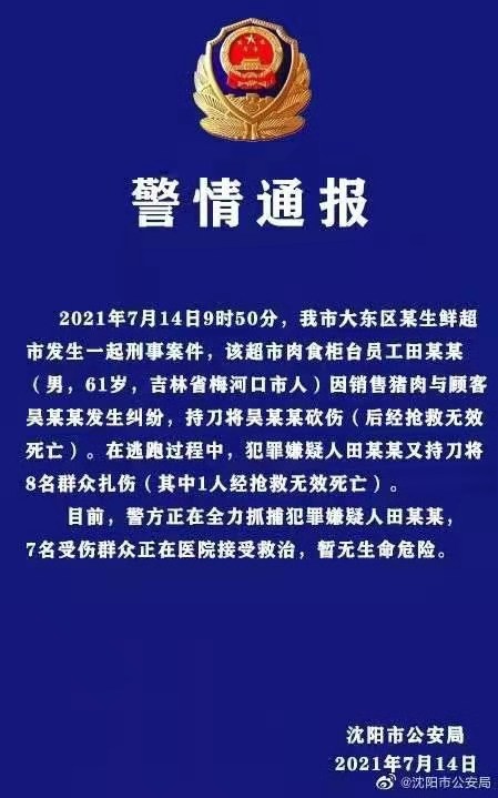 沈阳市持刀伤人案件警情通报：已致2死7伤