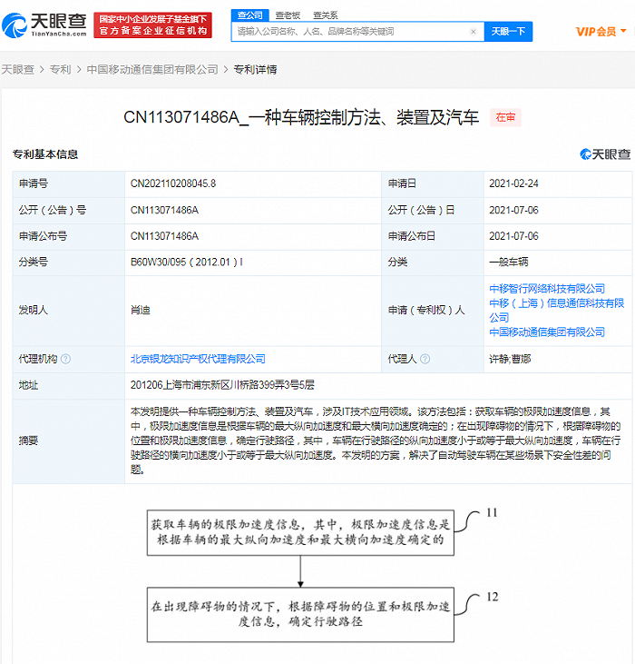 中国移动公开“车辆控制”相关专利，可解决自动驾驶车辆安全性差问题