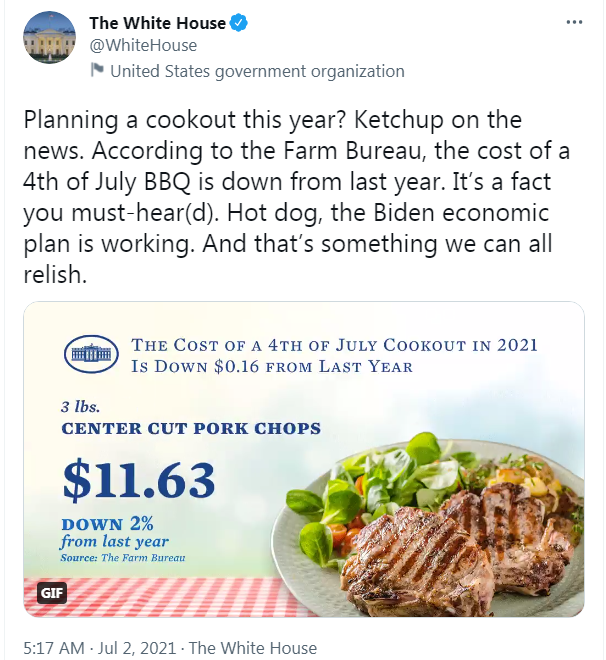 翻车！白宫夸耀独立日“野餐成本相比去年下降0.16美元”，网友讽刺：了不起！