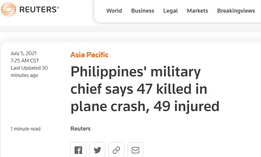 快讯！菲律宾军方：坠毁军机上96人已全部找到，其中47人遇难