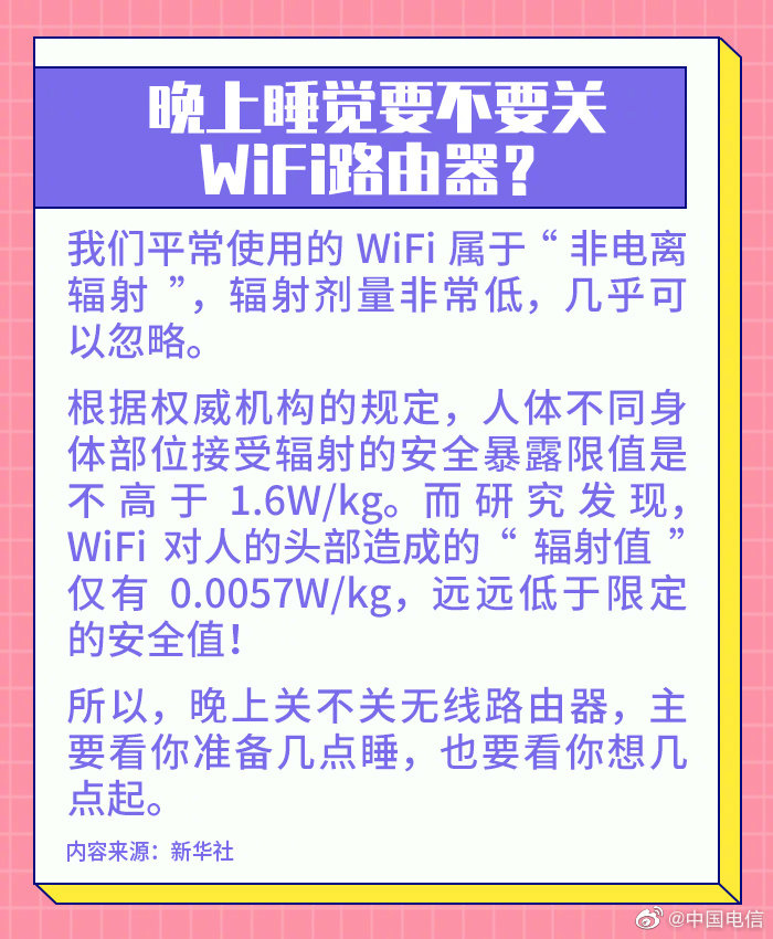 中国电信科普：晚上睡觉无需关 Wi-Fi 路由器，辐射值远低于标准