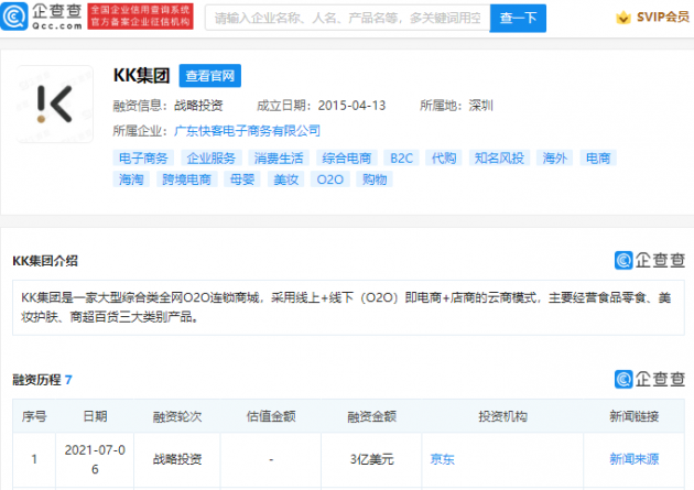 京东投资综合类全网O2O连锁商城“KK集团”，金额3亿美元