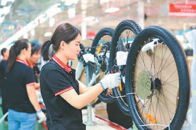 　　河北省邢台市平乡县是国家级外贸转型基地之一。目前，基地拥有自营进出口权外贸企业达129家，产品远销世界各地。图为近日在平乡县天富自行车企业生产车间，员工正赶制出口订单。　　柴更利摄（人民视觉）