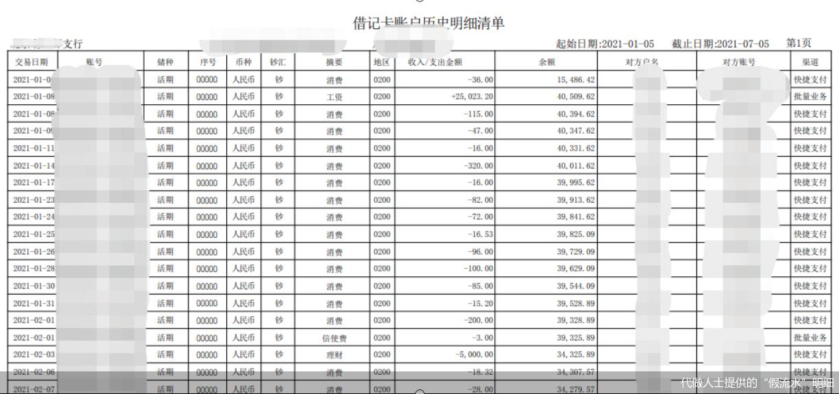 代做人士提供的“假流水”明细　 