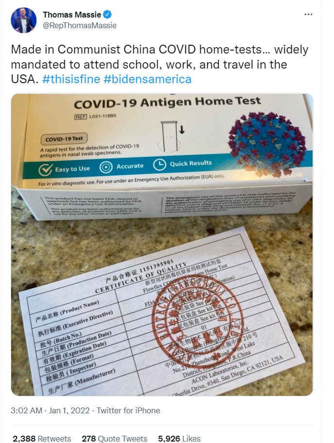 美议员“抱怨”新冠病毒检测试剂盒都是中国产，结果网民劝他认清现实