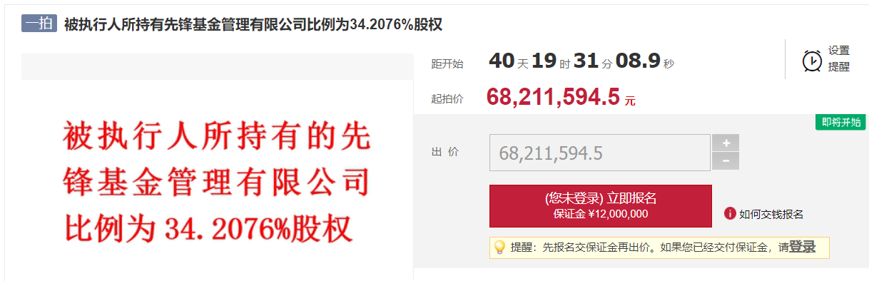 先锋基金34.21%股权再拍卖，底价从5931万元涨至6821万元