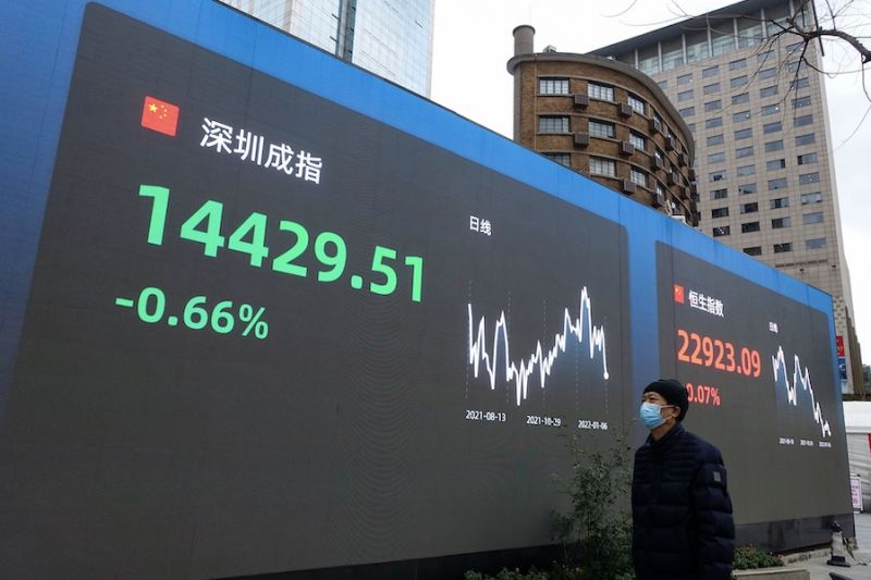 （2022年1月6日上海某大屏幕显示的股市行情）
