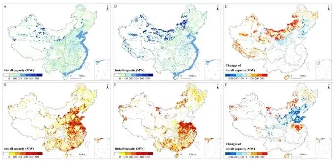 图3. 基础情景和区域电网互联情景下的2050年风光资源开发空间格局