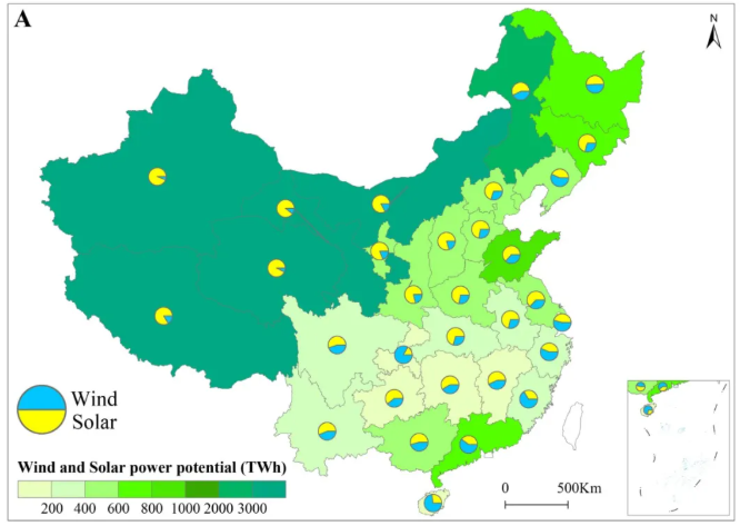 图1,中国风电光伏发电潜力,2050年各省用电需求以及2050年中国不同