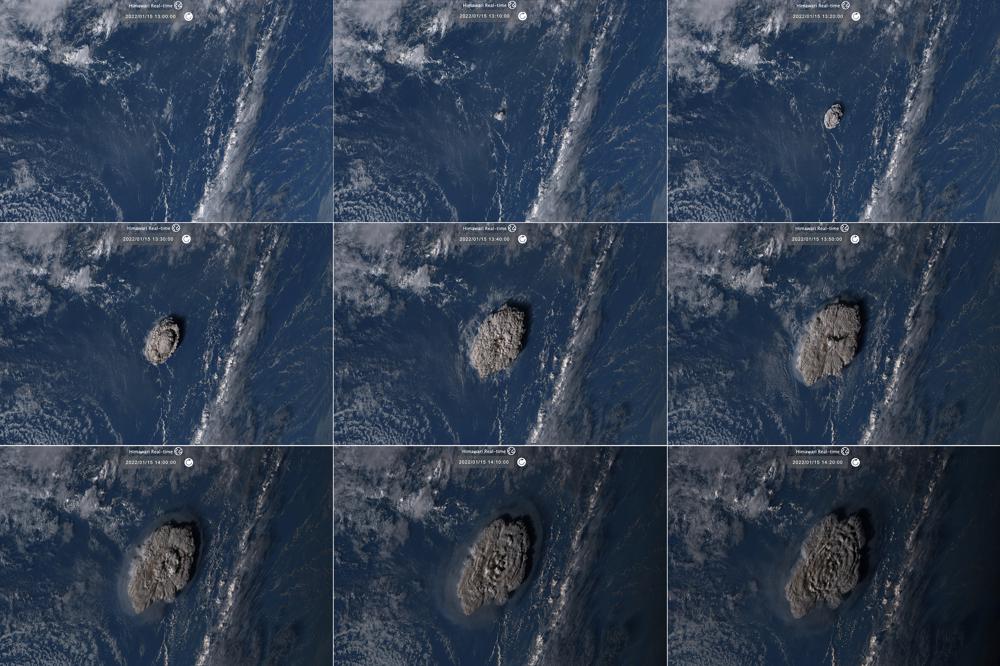  汤加火山喷发造成的蘑菇云即使在卫星照片上都清晰可见。（图源：美联社）