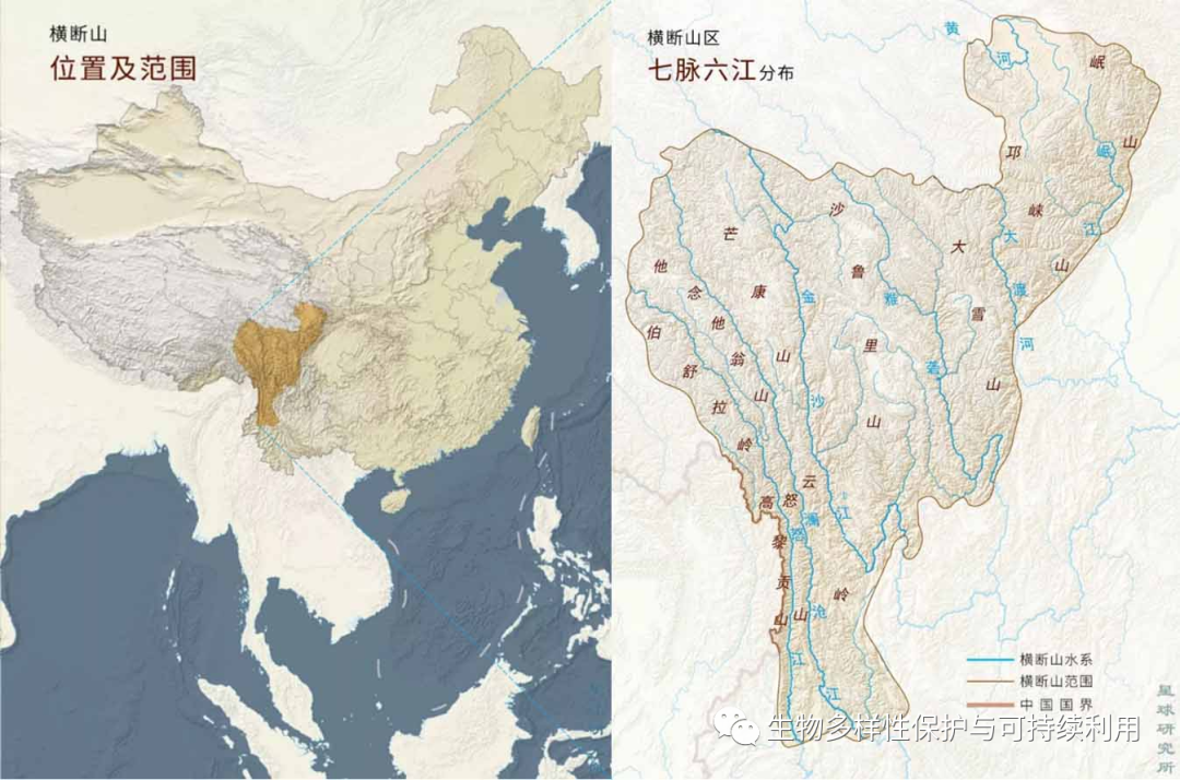 横断山系位置(左图)及其七脉六江(右图),图源:星球研究所