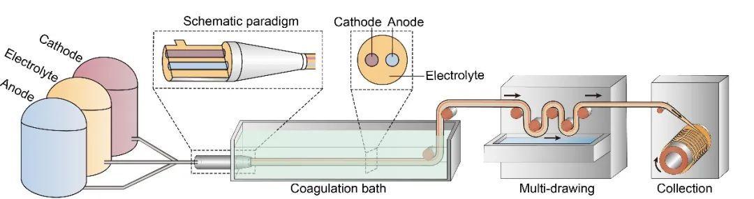 湿法纺丝快速制备纤维聚合物储能电池示意图