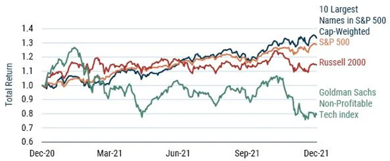 图：过去一年美国股市各类别表现。表现最好的是标普500指数前10大市值股票。随后是标普500指数，罗素2000指数（小盘股指数），表现最差的是高盛非盈利科技股指数。
