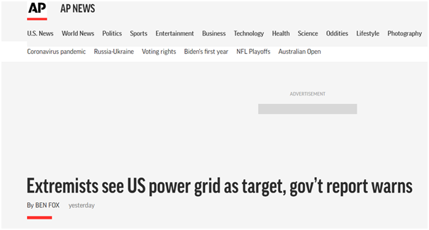 美联社：政府报告警告说，极端分子视美国电网为目标