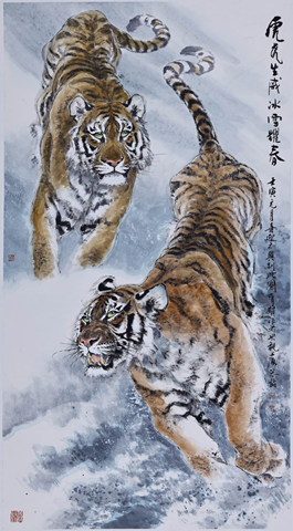 北京冬奥会倒计时2天丨画虎名家蔡育贤虎虎生威冰雪耀春