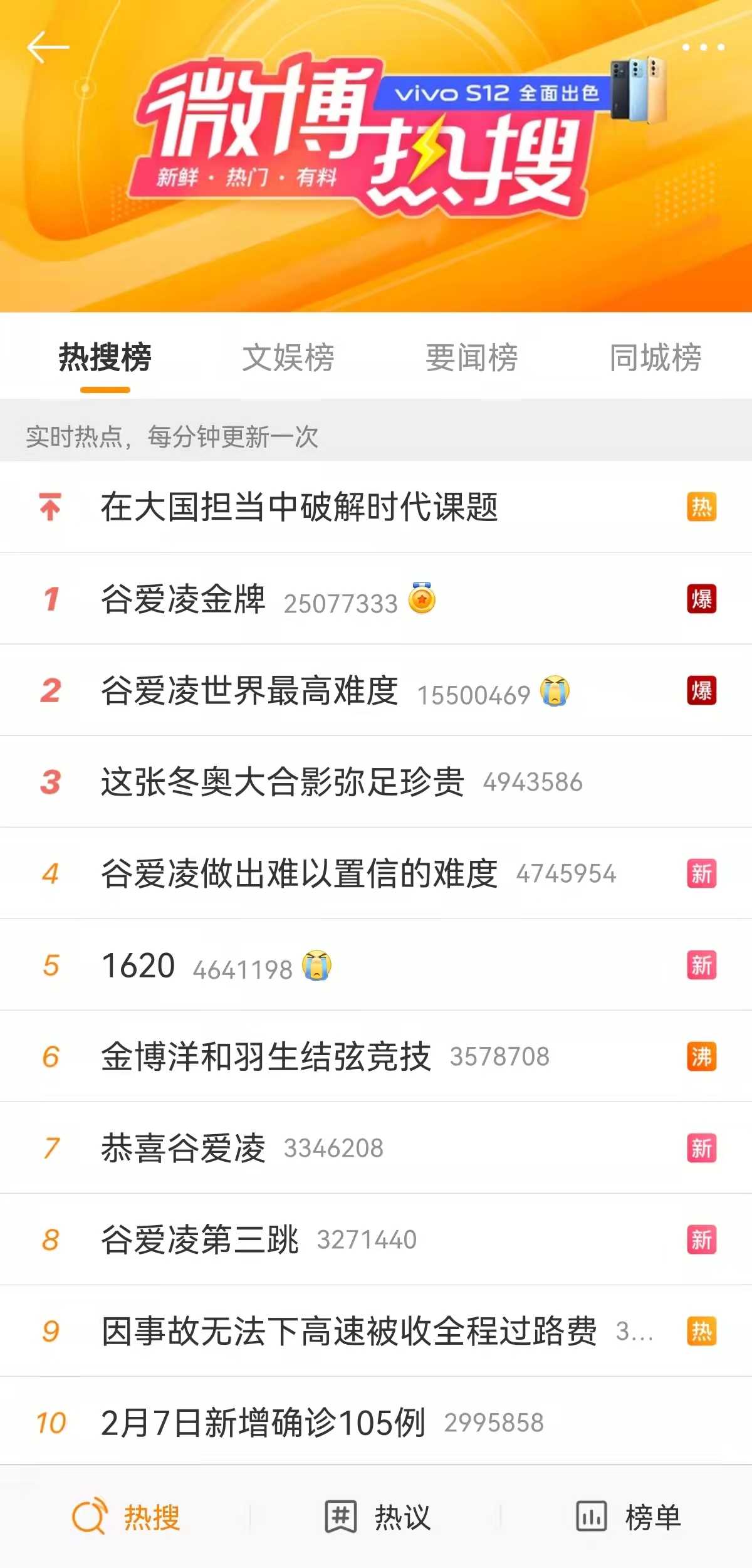 谷爱凌登上微博热搜榜首 &nbsp;图源:新浪微博app截图