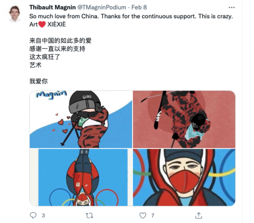 △马格宁在社交平台上发布小红书网友漫画，并用中英文双语表达感谢。图源：网络平台