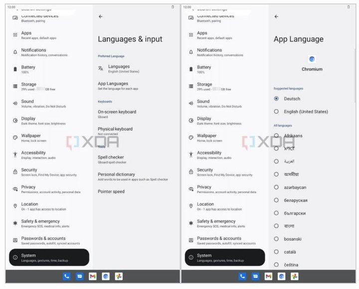 ▲ App 单独设置语言选项（似乎也是 Android 12L 新特性）。 图片来自：XDA