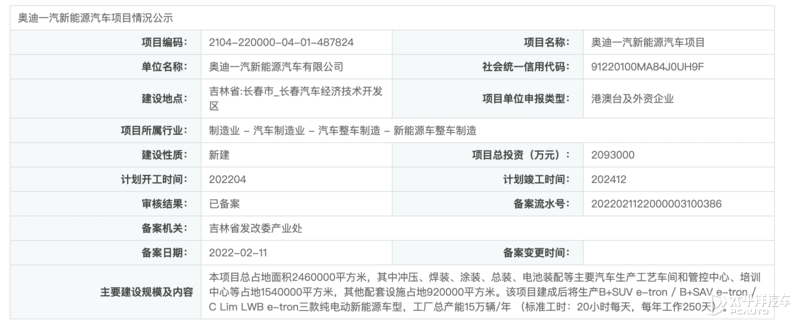 预计2024年建成 奥迪PPE项目将于2月18日开工