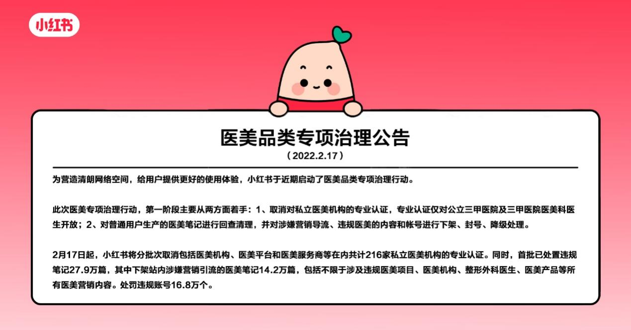 医美品类专项治理公告 &nbsp;图源：小红书