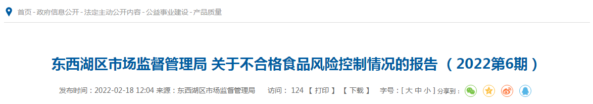 东西湖区市场监督管理局关于不合格食品风险控制情况的报告 （2022第6期）