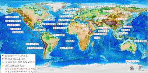 圖為世界典型cacl2滷水和貧mgso4鹽蒸發巖分佈圖.