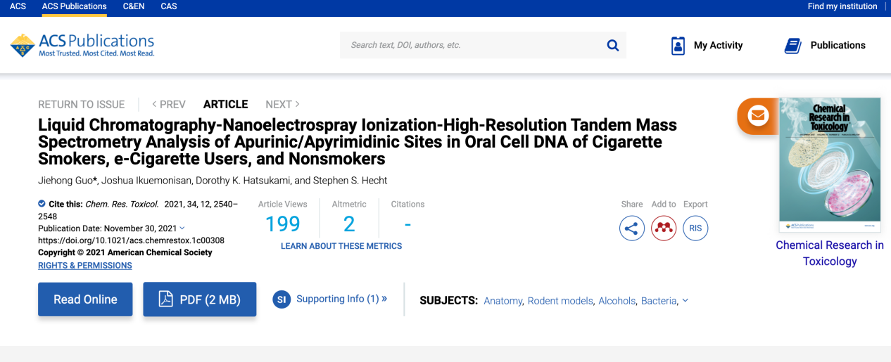 图：论文在权威期刊《毒理学化学研究》上发布，图为美国化学学会官网截图