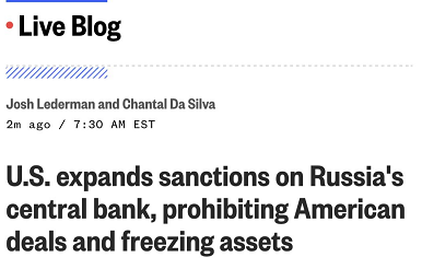 美媒：美扩大对俄央行制裁，禁止其与美国的任何交易