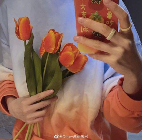 迪丽热巴手捧郁金香花束自拍碎发遮面慵懒十足 迪丽热巴 新浪财经 新浪网