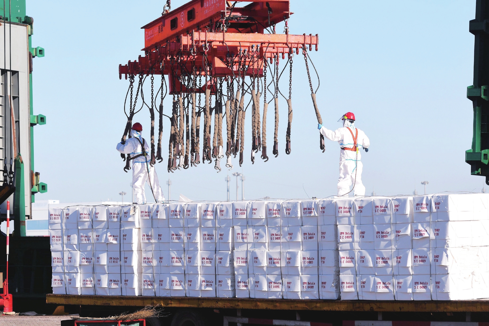 港口是国民经济发展的“晴雨表”。图为山东港口青岛港西联码头，工人吊装进口纸浆 新华社图