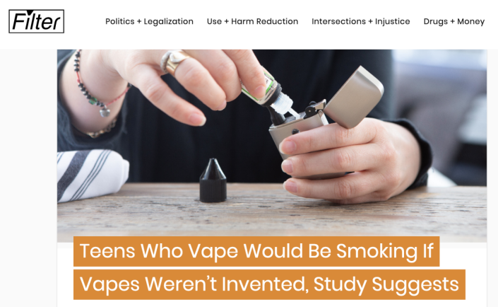 图：已有媒体报道称，研究表明，如果不发明电子烟，青少年电子烟用户会使用卷烟