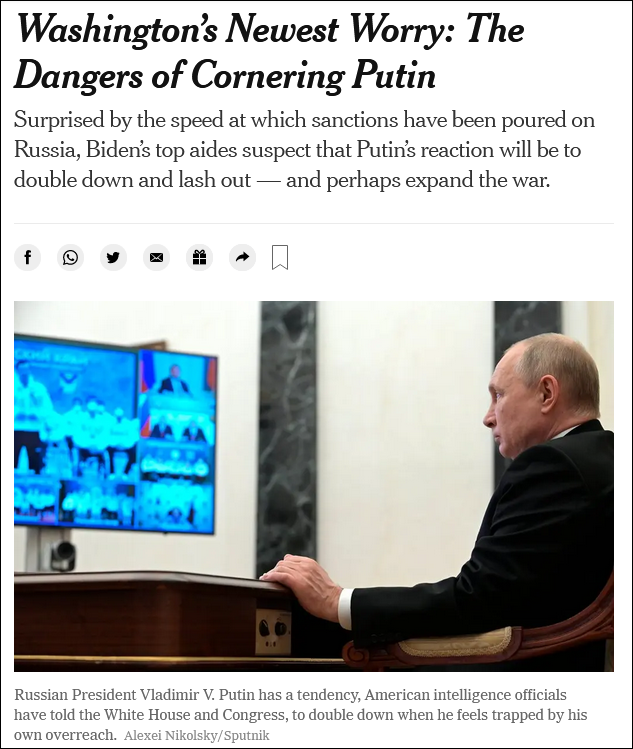 《纽约时报》3日评论文章：华盛顿最新的担忧：把普京逼入绝境带来的风险