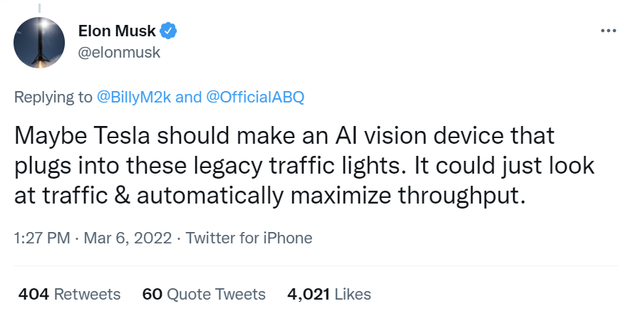 马斯克：特斯拉或许应该制造一款可以连接交通灯的 AI 视觉设备