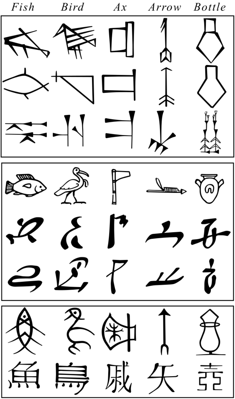 图|不同象形文字的演化(来源:维基百科)