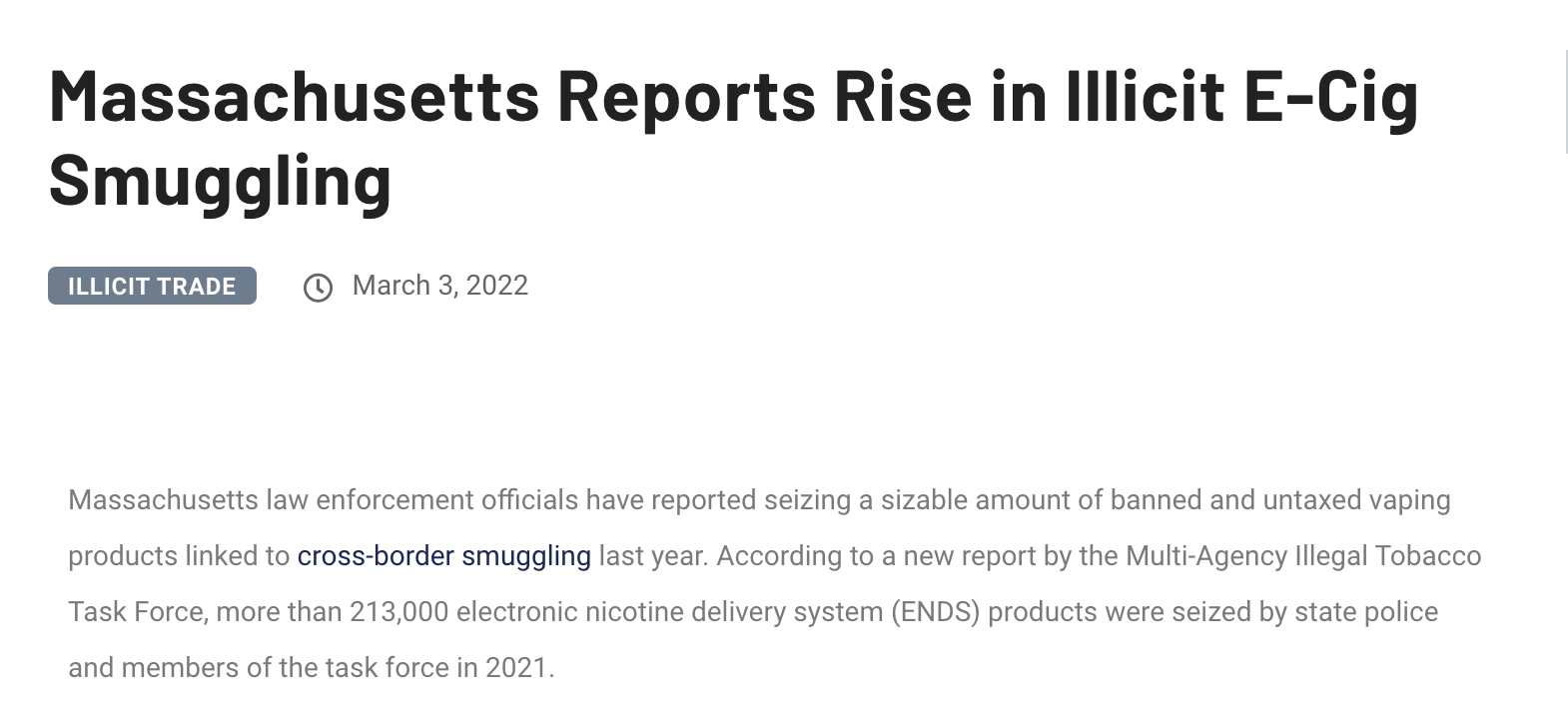 （外媒关于麻萨诸塞州走私电子烟大幅增加的报道）