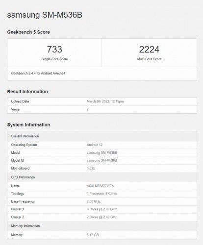 三星Galaxy M53 5G跑分曝光：联发科天玑900+6GB内存