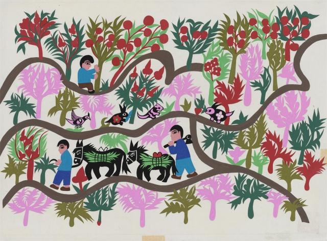 这件农民画具有极其鲜明的特征,主题紧紧围绕着农民日常生活来表现