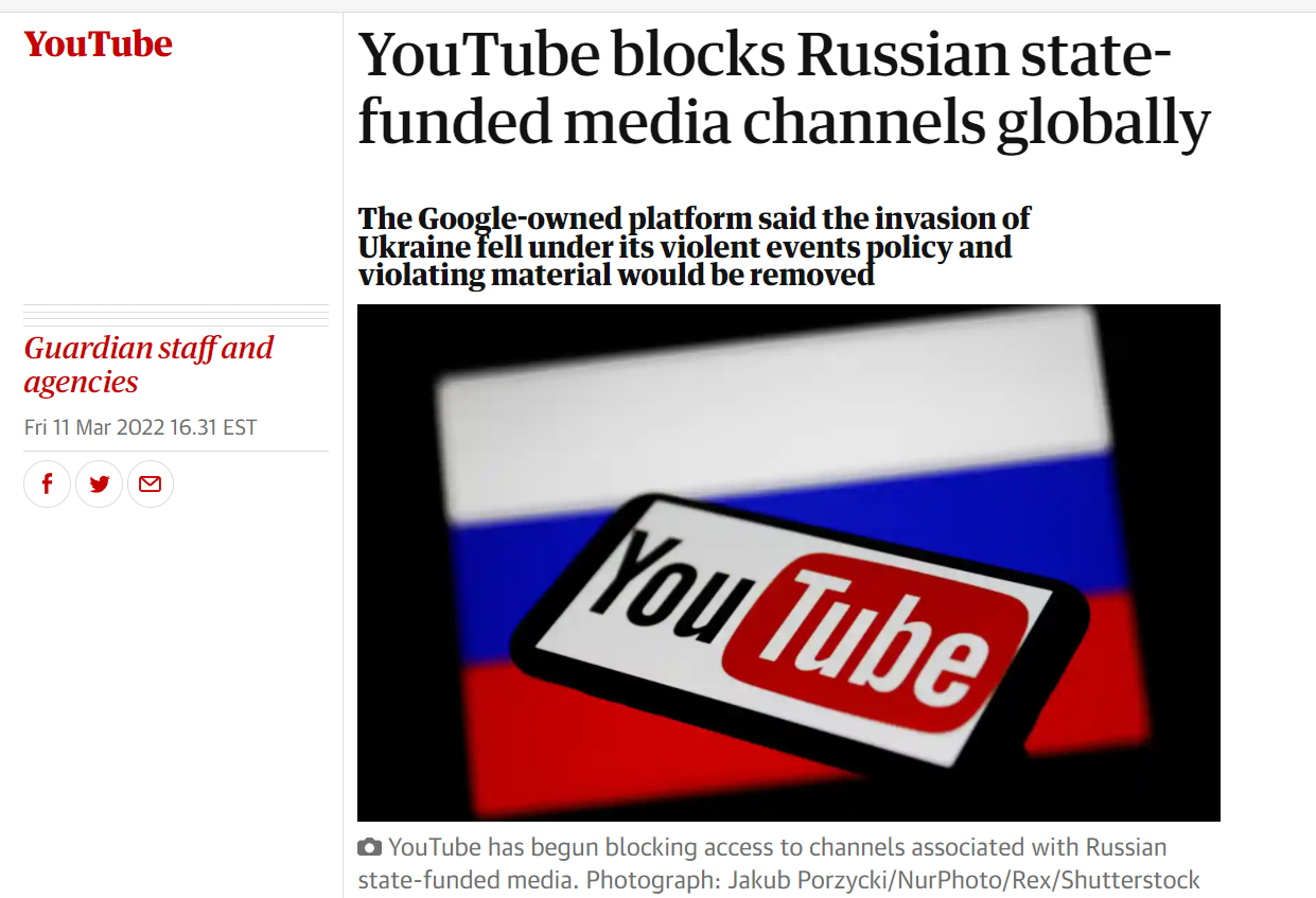 《卫报》：YouTube在全球范围封锁俄罗斯国有媒体频道