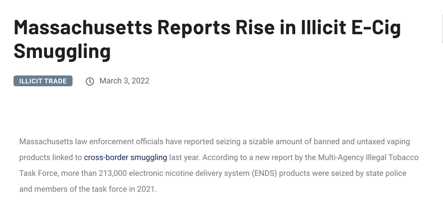 图注：麻萨诸塞州走私电子烟大幅增加的报道