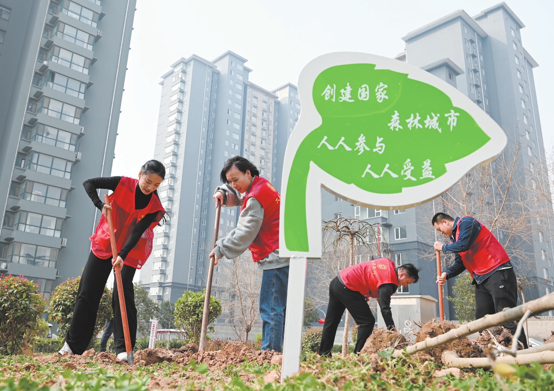 近日,复兴区化林路街道岭南二社区志愿者在小区绿化带植树.