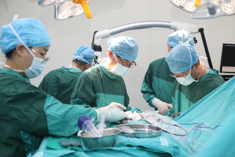 图为宣武医院河北医院副院长汤劼(左三)正在进行脑干肿瘤切除手术.