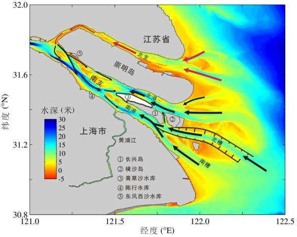 长江河口咸潮入侵示意图和水源地位置