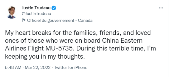 加拿大总理特鲁多在推特和微博发文慰问东航坠机事故涉事亲属