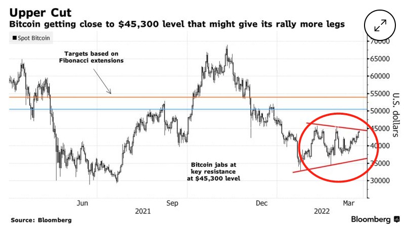 比特币接近45300美元的水平，这可能会给其涨势带来更多支撑  