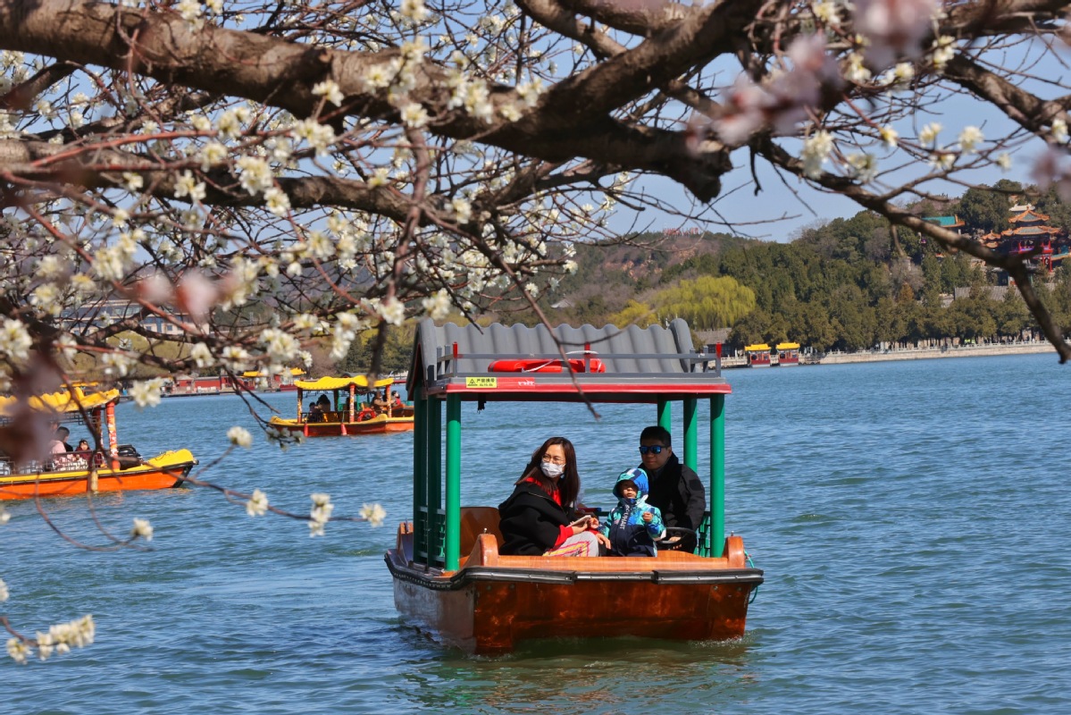 3月27日，颐和园西堤练桥旁，市民划船赏花。中国日报记者 姜东 摄