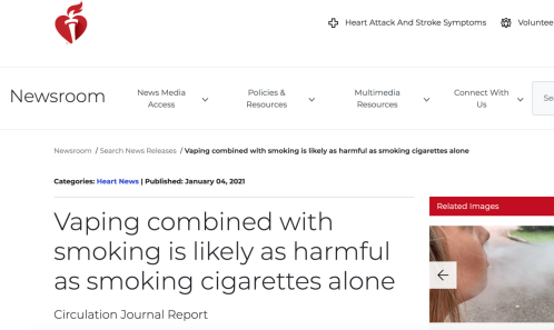 图：美国心脏协会发布的研究论文《混合使用卷烟和电子烟的危害与只使用卷烟的危害相同》