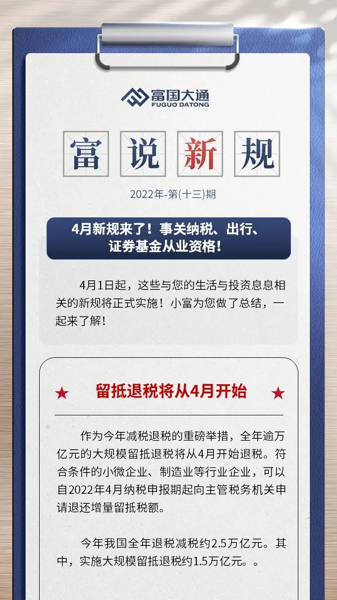 “富说新规 | 4月新规来了！事关纳税、出行、\n证券基金从业资格！