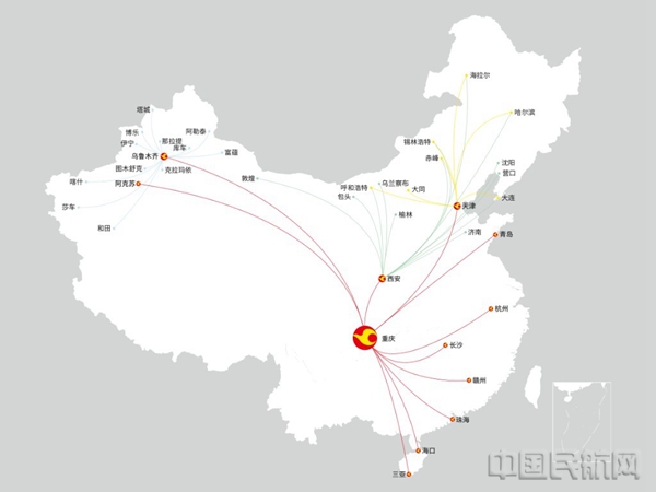 天津航空部分重庆出港航线网络示意图